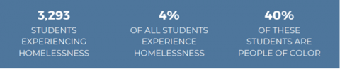 3,293 students experiencing homelessness, 4% of all students experience homelessness, 40% of these students are people of color